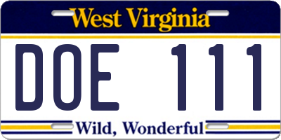 WV license plate DOE111
