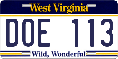 WV license plate DOE113