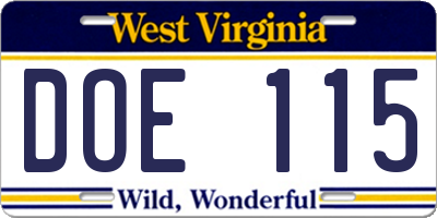 WV license plate DOE115