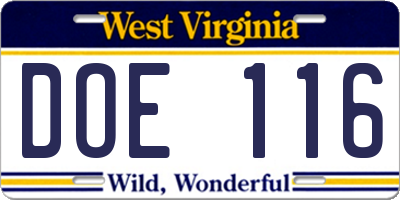 WV license plate DOE116