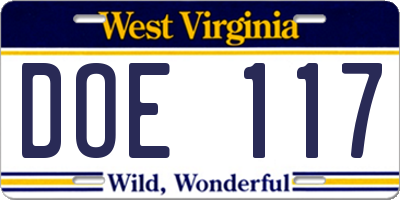 WV license plate DOE117
