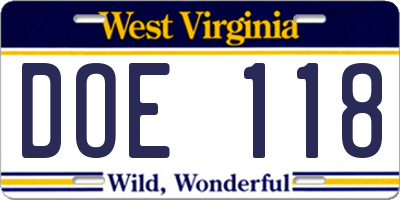 WV license plate DOE118