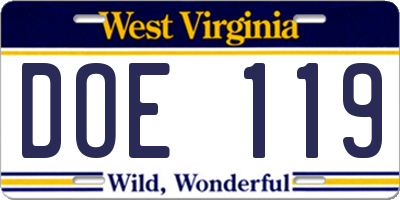 WV license plate DOE119