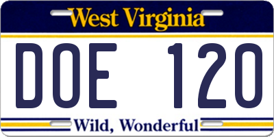 WV license plate DOE120