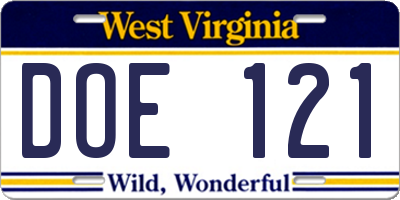 WV license plate DOE121