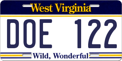 WV license plate DOE122