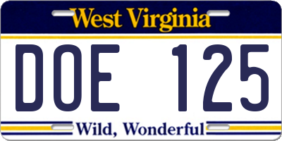 WV license plate DOE125