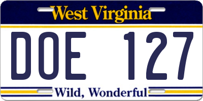 WV license plate DOE127