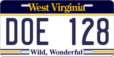 WV license plate DOE128