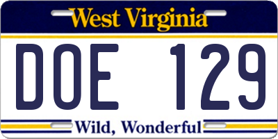 WV license plate DOE129