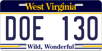WV license plate DOE130