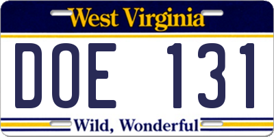 WV license plate DOE131