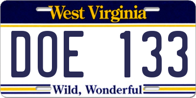 WV license plate DOE133
