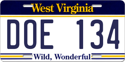 WV license plate DOE134