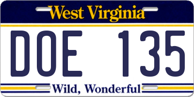 WV license plate DOE135