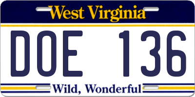 WV license plate DOE136