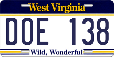 WV license plate DOE138