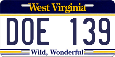 WV license plate DOE139