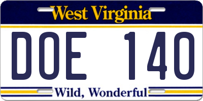 WV license plate DOE140