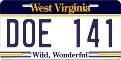WV license plate DOE141