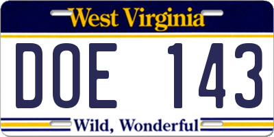 WV license plate DOE143