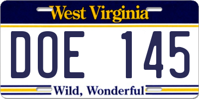 WV license plate DOE145