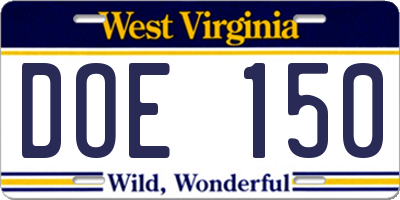 WV license plate DOE150