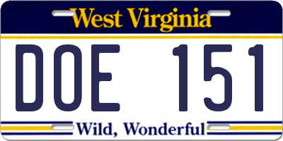 WV license plate DOE151