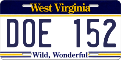 WV license plate DOE152