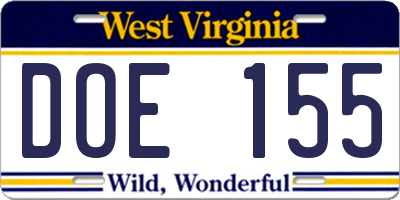 WV license plate DOE155