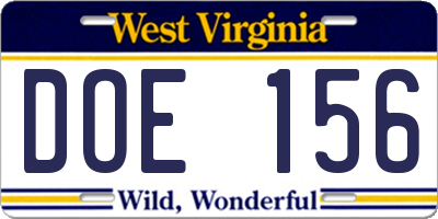 WV license plate DOE156