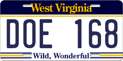 WV license plate DOE168