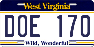 WV license plate DOE170