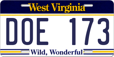 WV license plate DOE173