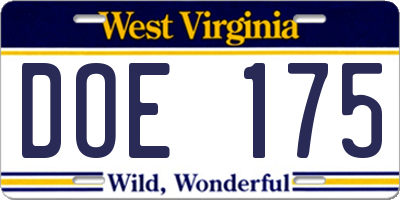 WV license plate DOE175