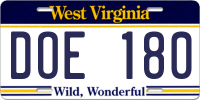 WV license plate DOE180