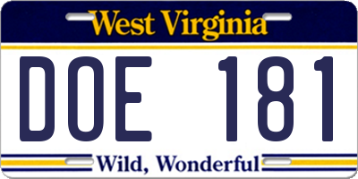WV license plate DOE181