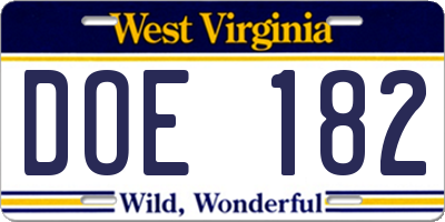 WV license plate DOE182
