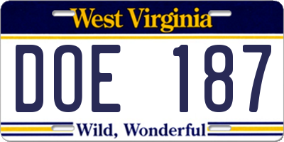 WV license plate DOE187