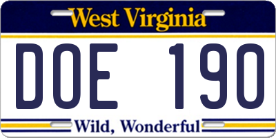 WV license plate DOE190