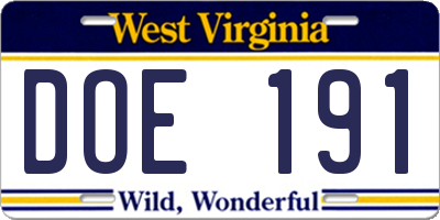 WV license plate DOE191