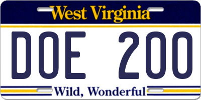 WV license plate DOE200