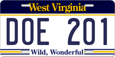 WV license plate DOE201