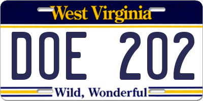WV license plate DOE202