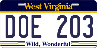 WV license plate DOE203