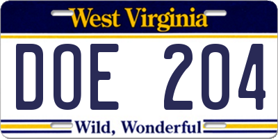 WV license plate DOE204