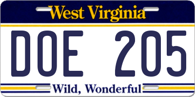 WV license plate DOE205