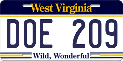 WV license plate DOE209
