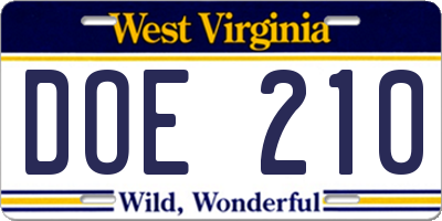 WV license plate DOE210
