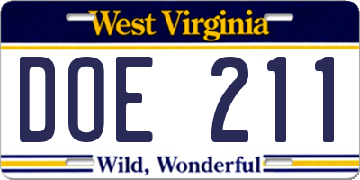 WV license plate DOE211